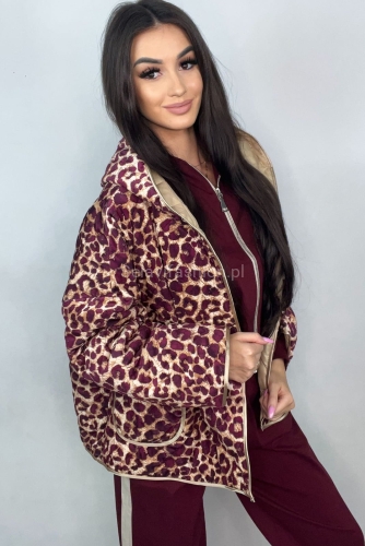 Krótka kurtka katana welurowa Panterka z kapturem Minouu różowa w Selavifashion.pl