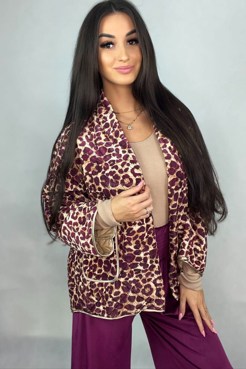 Krótka kurtka katana welurowa Panterka Minouu bordowa w Selavifashion.pl