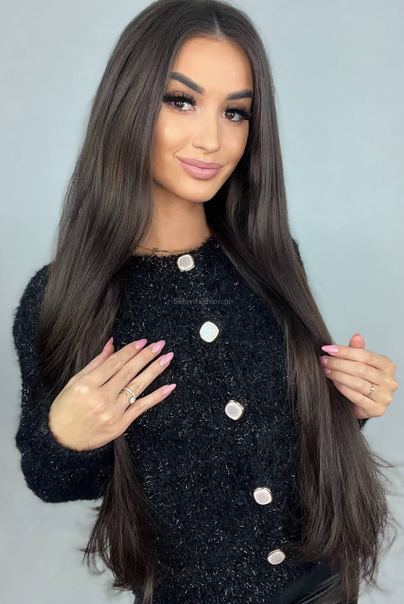 Sweter z błyszczącą nitką zapinany na guziki Minouu czarny w Selavifashion.pl