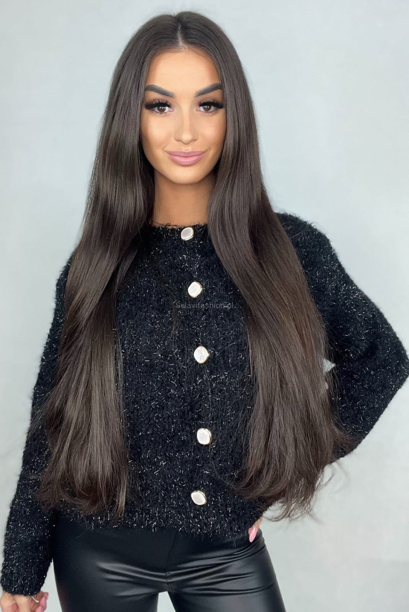 Sweter z błyszczącą nitką zapinany na guziki Minouu czarny w Selavifashion.pl