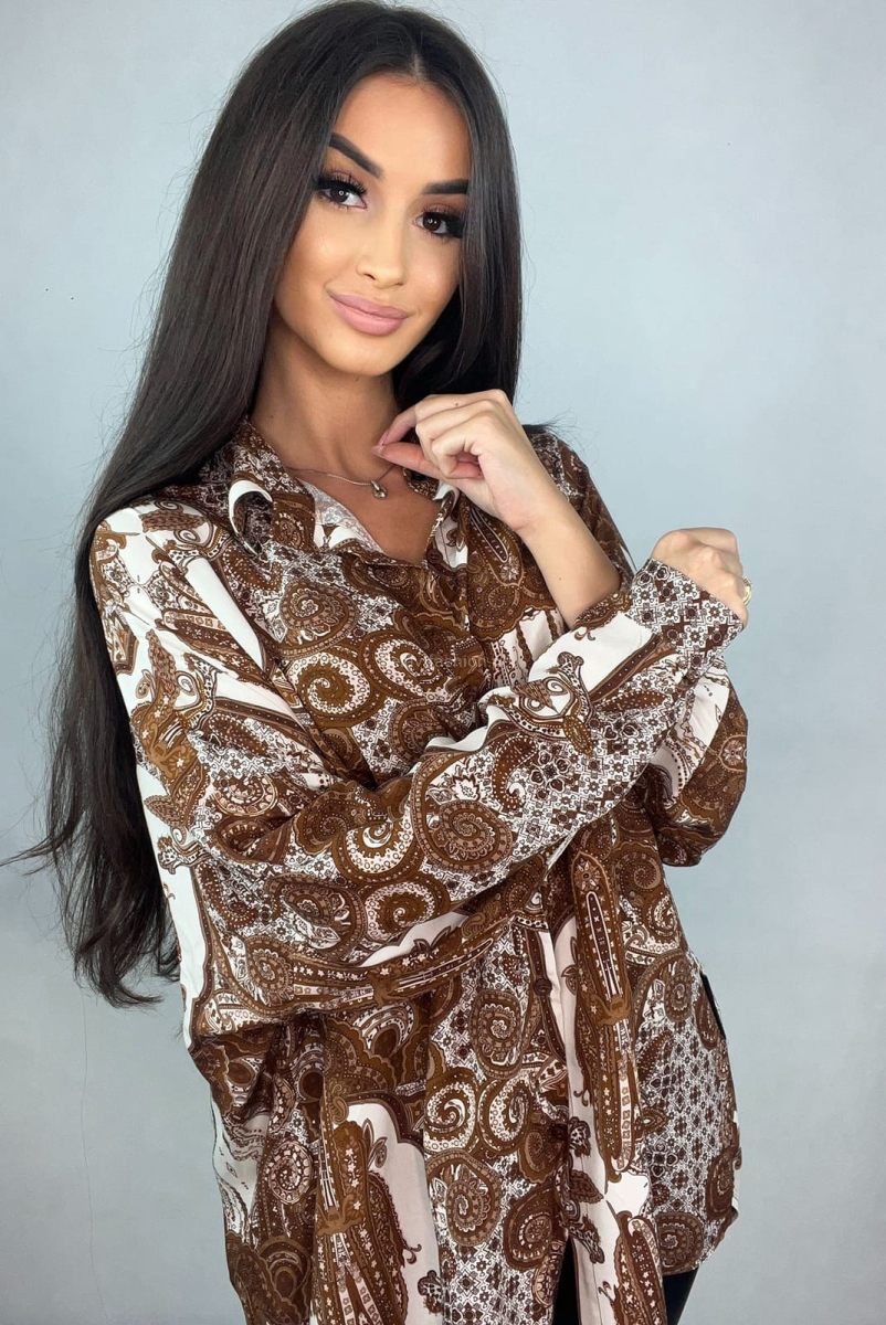 Koszula bluzka w orientalny wzór Minouu beżowo biała w Selavifashion.pl