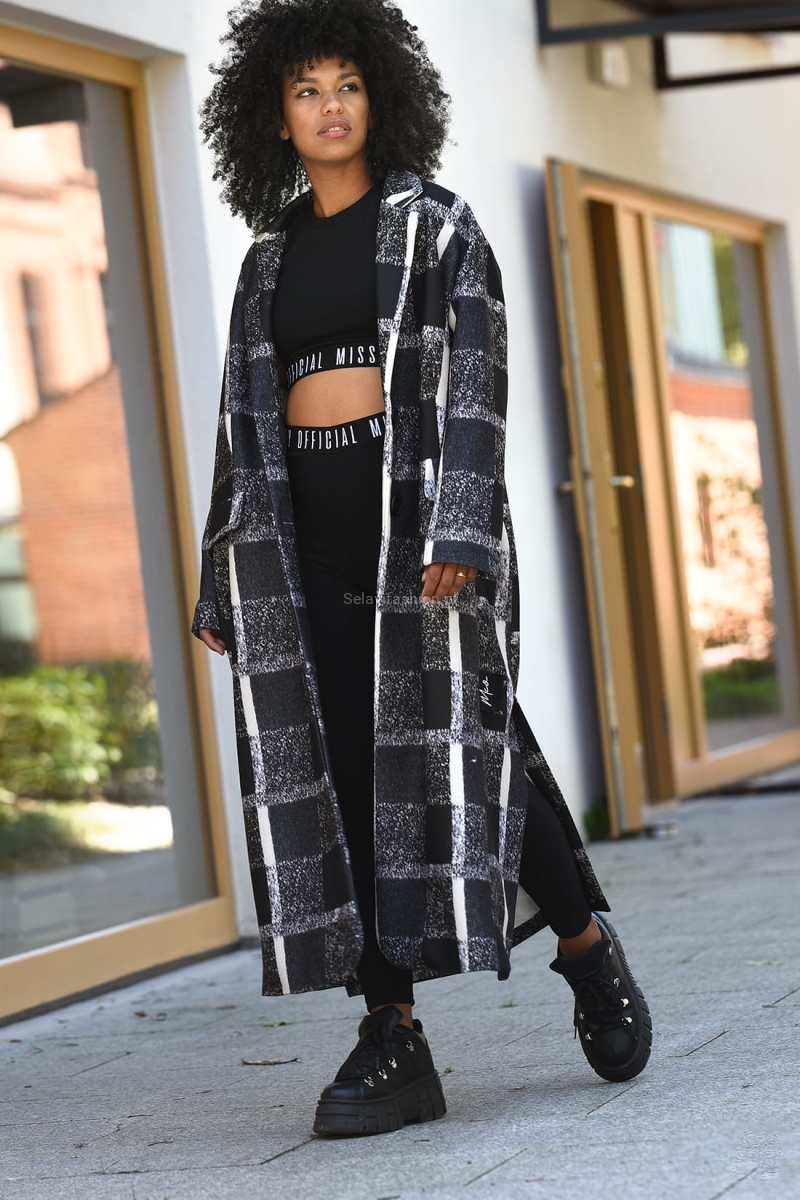 Długi płaszcz Lumi krata Miss City Official czarny w Selavifashion.pl