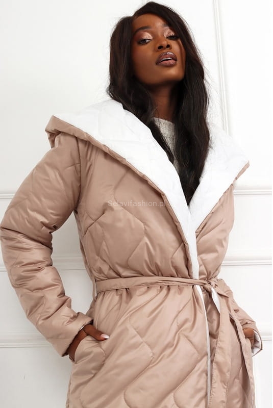 Kurtka płaszcz dwustronny wiązany LaDonna beżowo biały w Selavifashion.pl