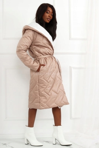 Kurtka płaszcz dwustronny wiązany LaDonna beżowo biały w Selavifashion.pl
