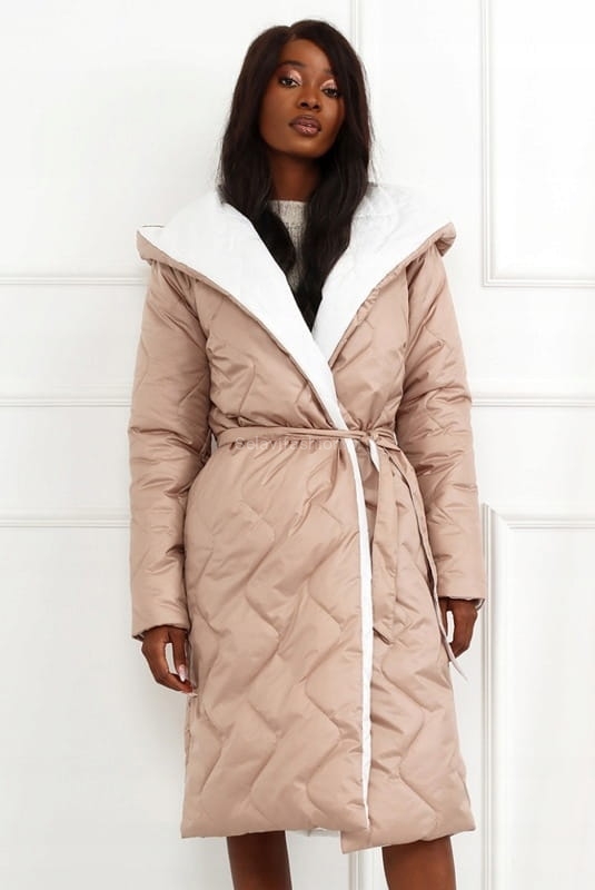 Kurtka płaszcz dwustronny wiązany LaDonna beżowo biały w Selavifashion.pl