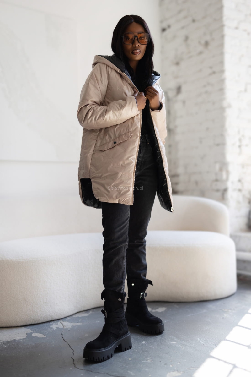 Kurtka dwustronna ocieplana Emma z kapturem LaDonna beżowo czarna w Selavifashion.pl