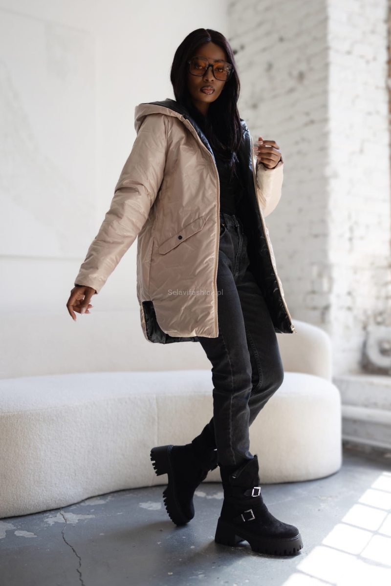 Kurtka dwustronna ocieplana Emma z kapturem LaDonna beżowo czarna w Selavifashion.pl
