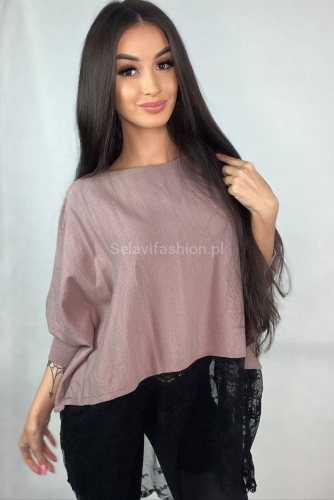 Asymetryczny sweter z koronkowym dołem Minouu brązowy w Selavifashion.pl