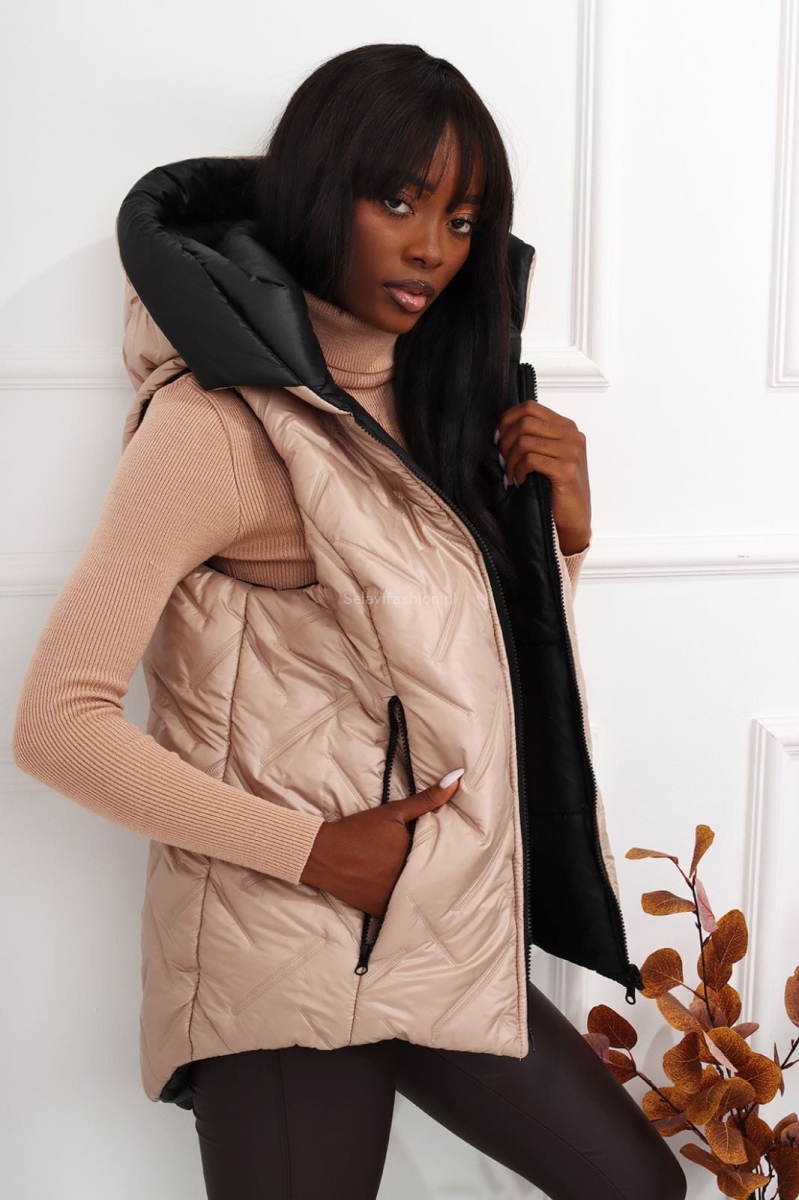 Dwustronna kamizelka LaDonna Nu czarno beżowa w Selavifashion.pl