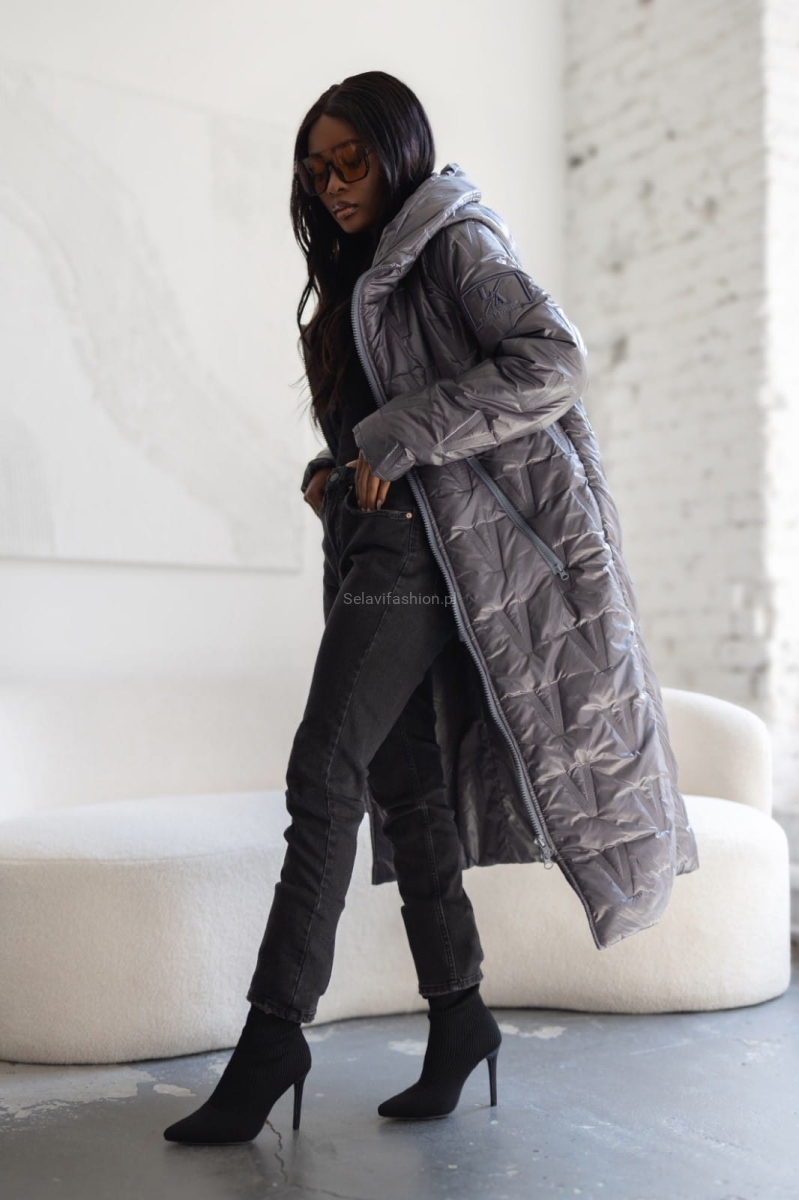 Długa ocieplana kurtka z kapturem LaDonna szara w Selavifashion.pl
