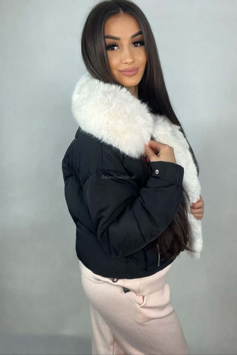 Ocieplana kurtka z białym futerkiem Minouu czarna w Selavifashion.pl