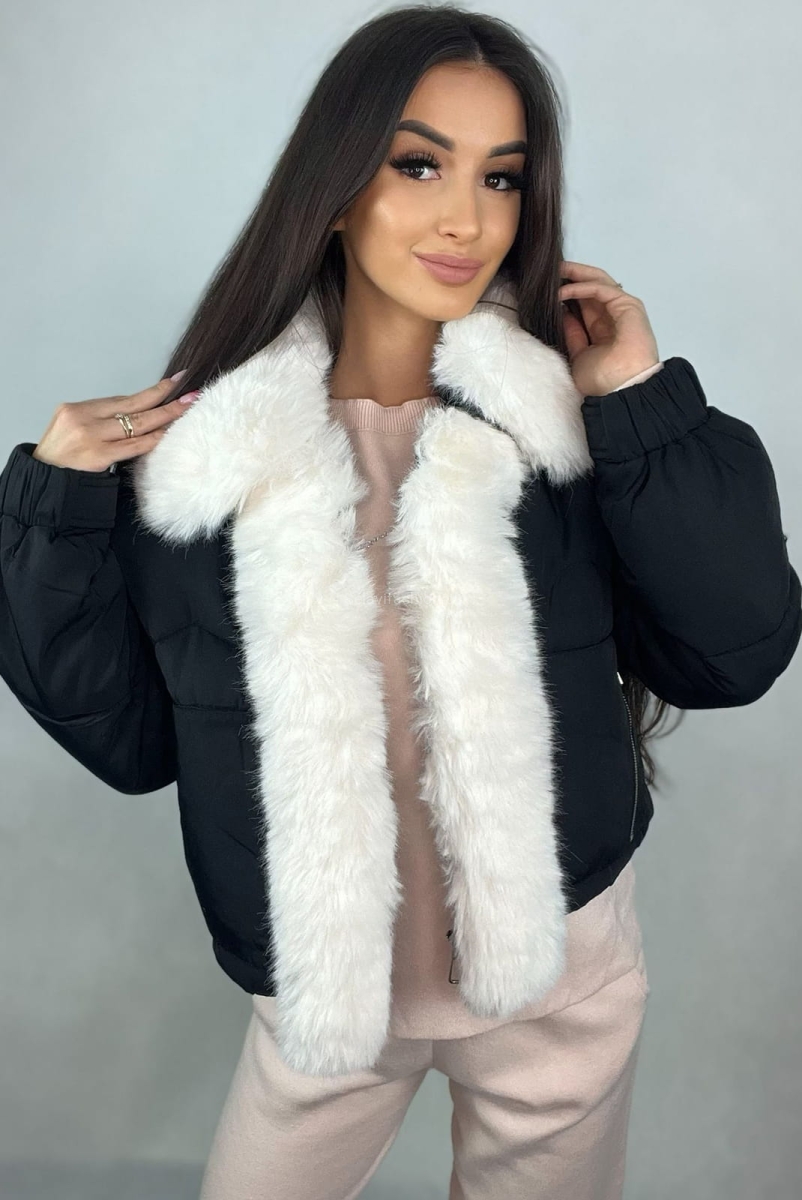 Ocieplana kurtka z białym futerkiem Minouu czarna w Selavifashion.pl