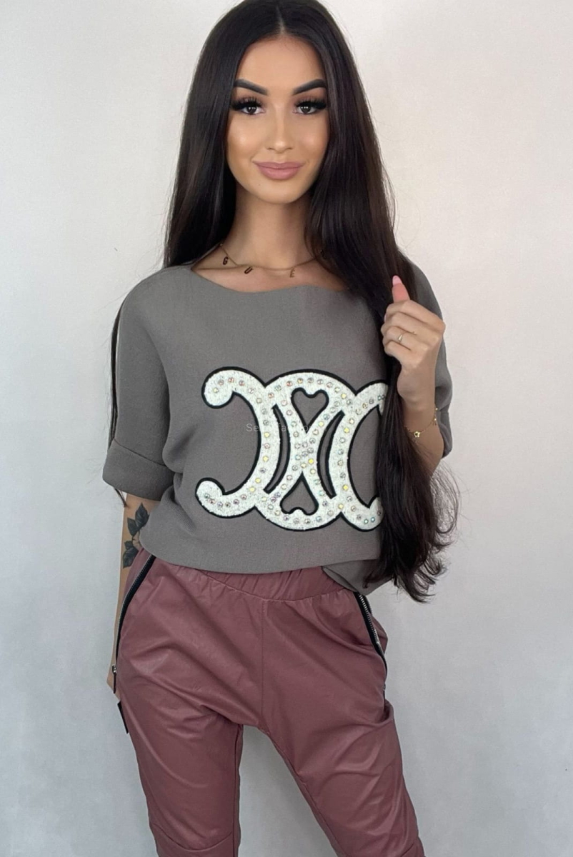 Sweter z krótkim rękawem Hieroglif Minouu jasny fango w Selavifashion.pl