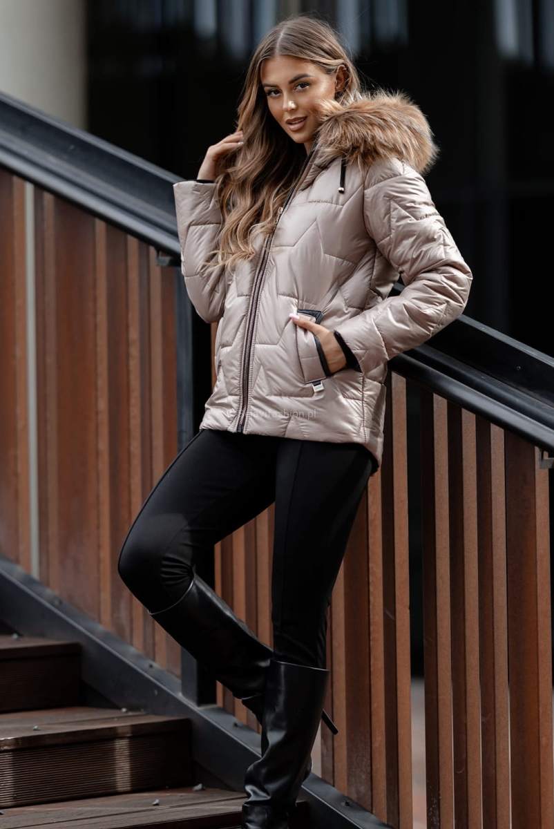 Ocieplana kurtka płaszcz z kapturem obszytym futrem Tomex beżowa