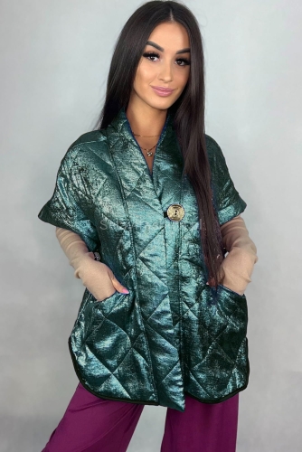 Kamizelka metalizowana ze złotym guzikiem Minouu zielona w Selavifashion.pl