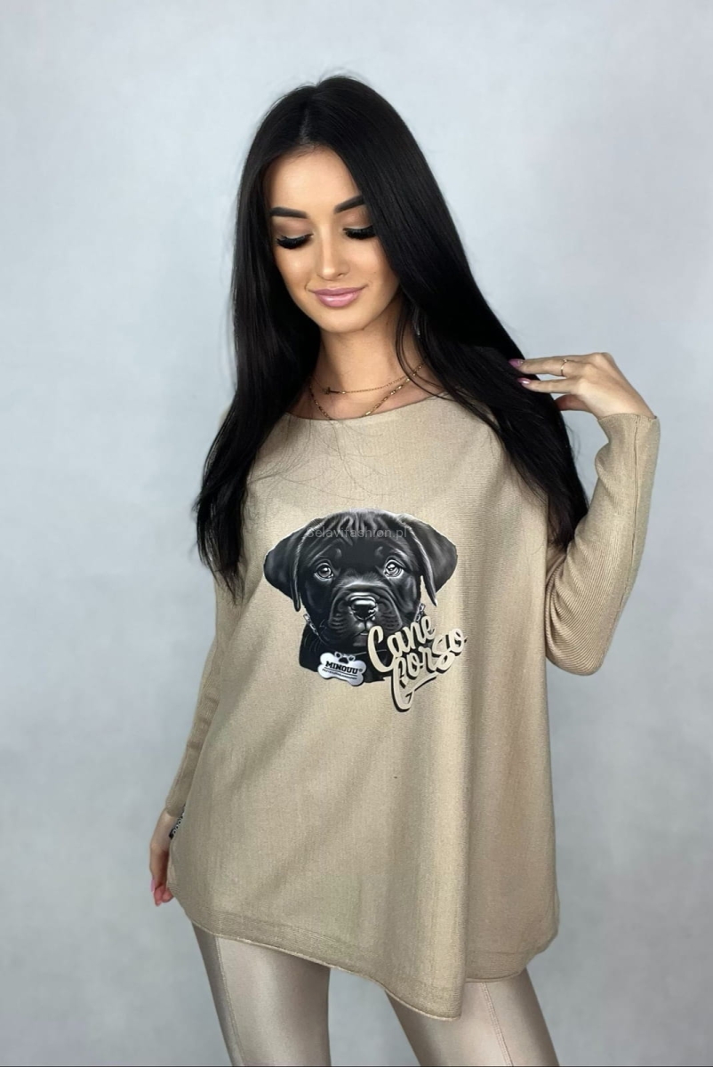 Bluzka swetrowa z długim rękawem Cane Corso Minouu beżowa w Selavifashion.pl