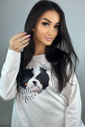 Bluzka bawełniana Agnes z długim rękawem Shih Tzu Minouu biała