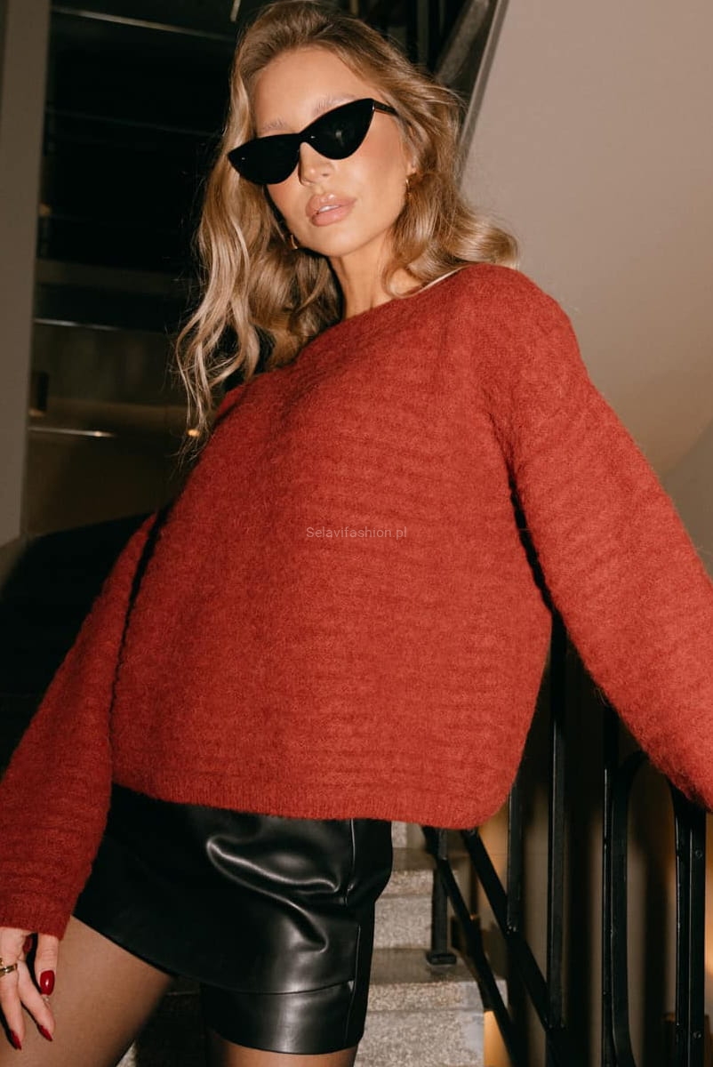 Sweter z wełny alpaka Prążek Yarn bordowy w Selavifashion.pl