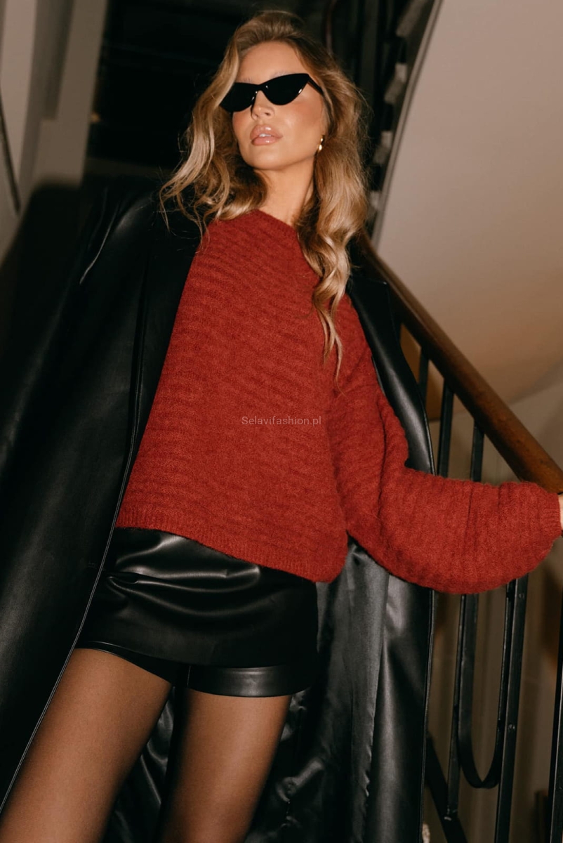 Sweter z wełny alpaka Prążek Yarn bordowy w Selavifashion.pl