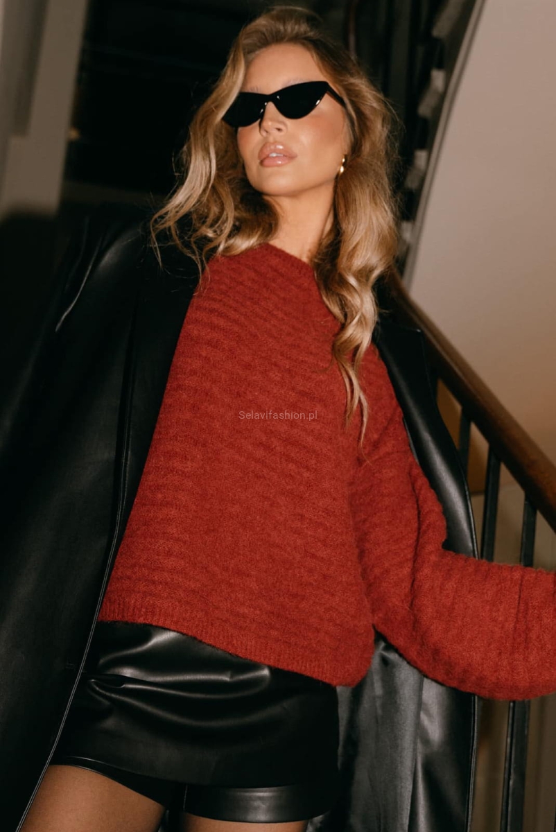 Sweter z wełny alpaka Prążek Yarn bordowy w Selavifashion.pl