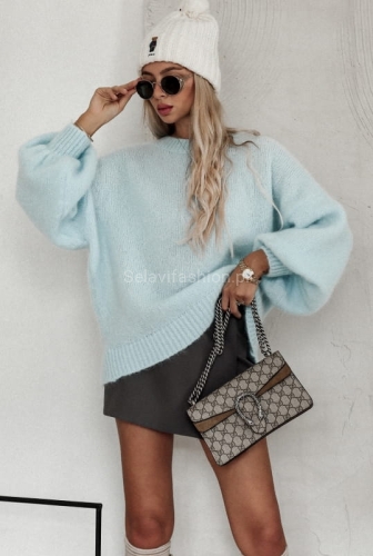 Oversizowy moherowy sweter z bufiastymi rękawami Yarn niebieski