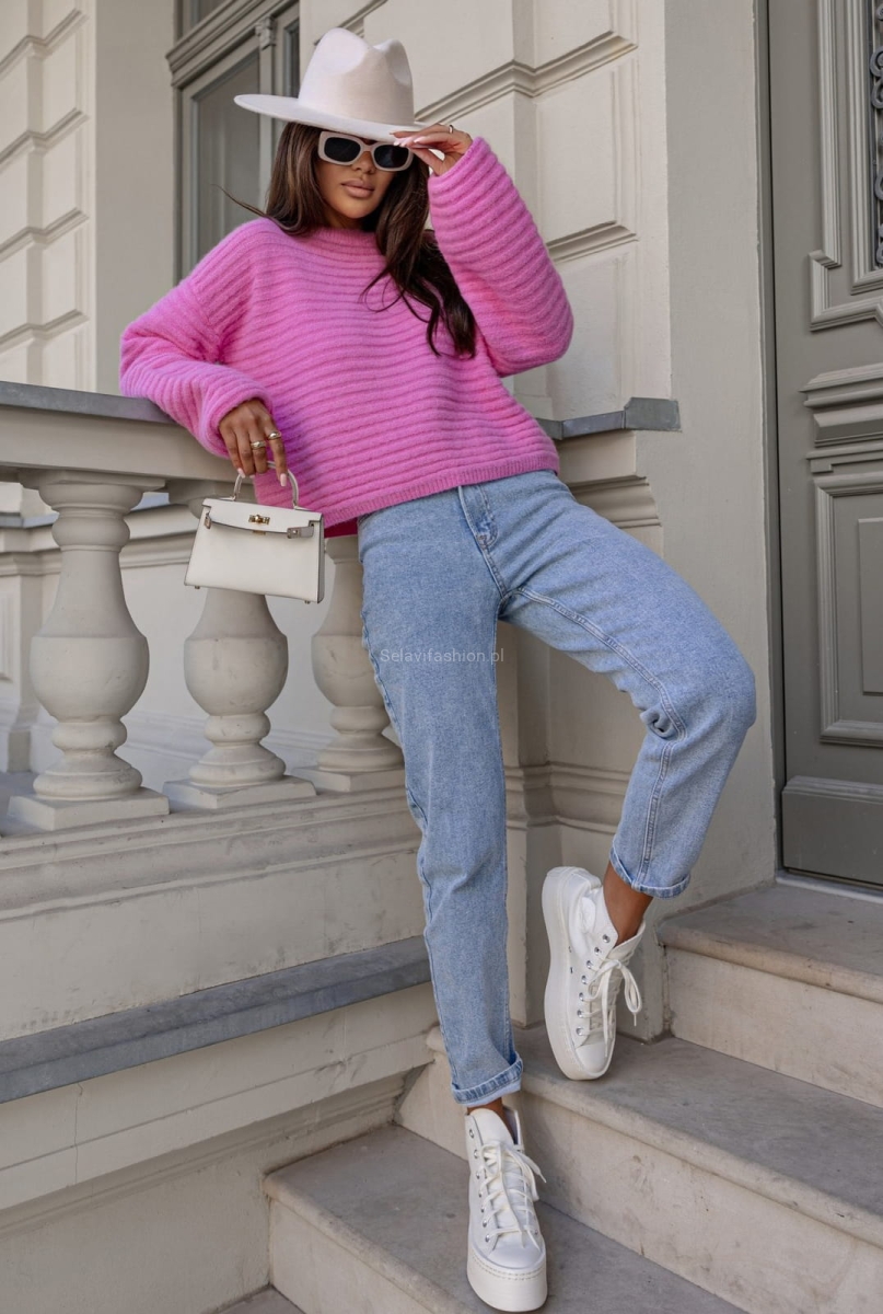 Sweter z wełny alpaka Prążek Yarn różowy w Selavifashion.pl