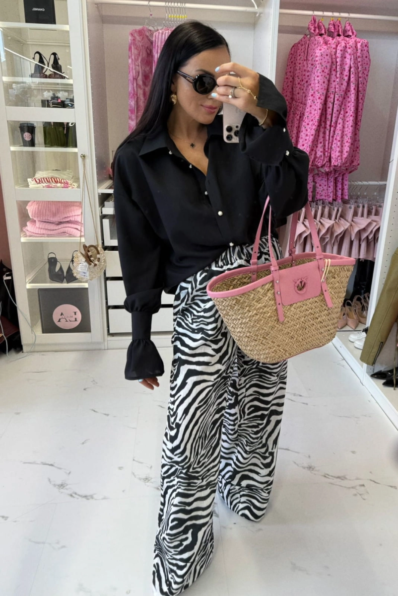 Lniane szerokie spodnie Zebra LaMilla biało czarne w Selavifashion.pl
