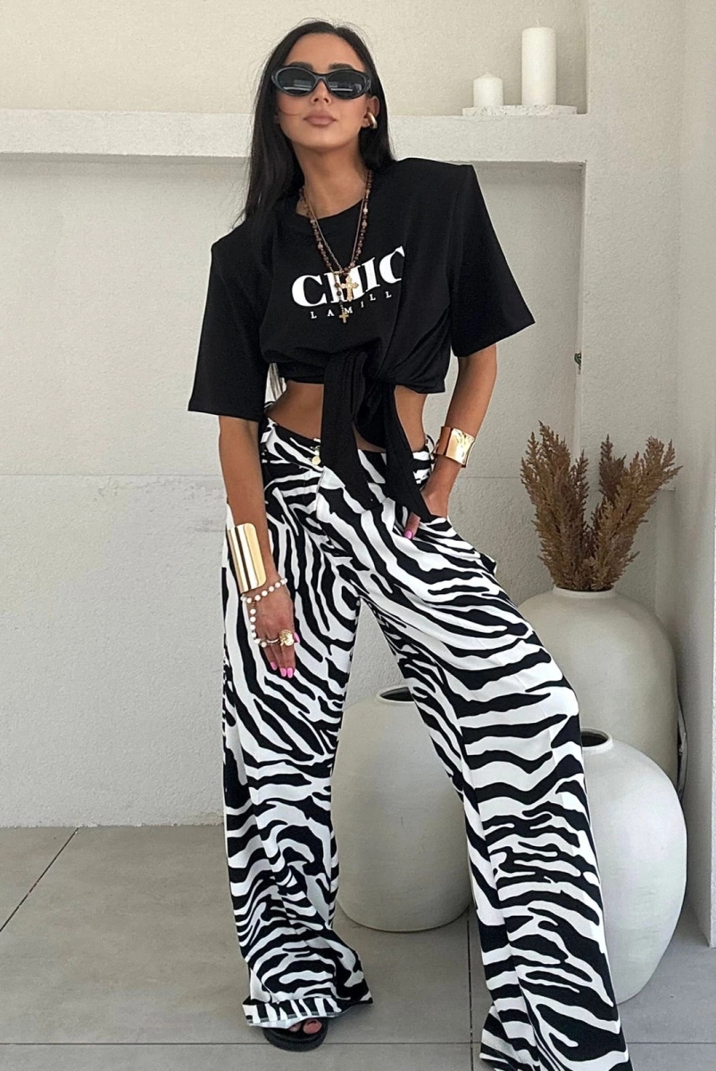 Lniane szerokie spodnie Zebra LaMilla biało czarne w Selavifashion.pl