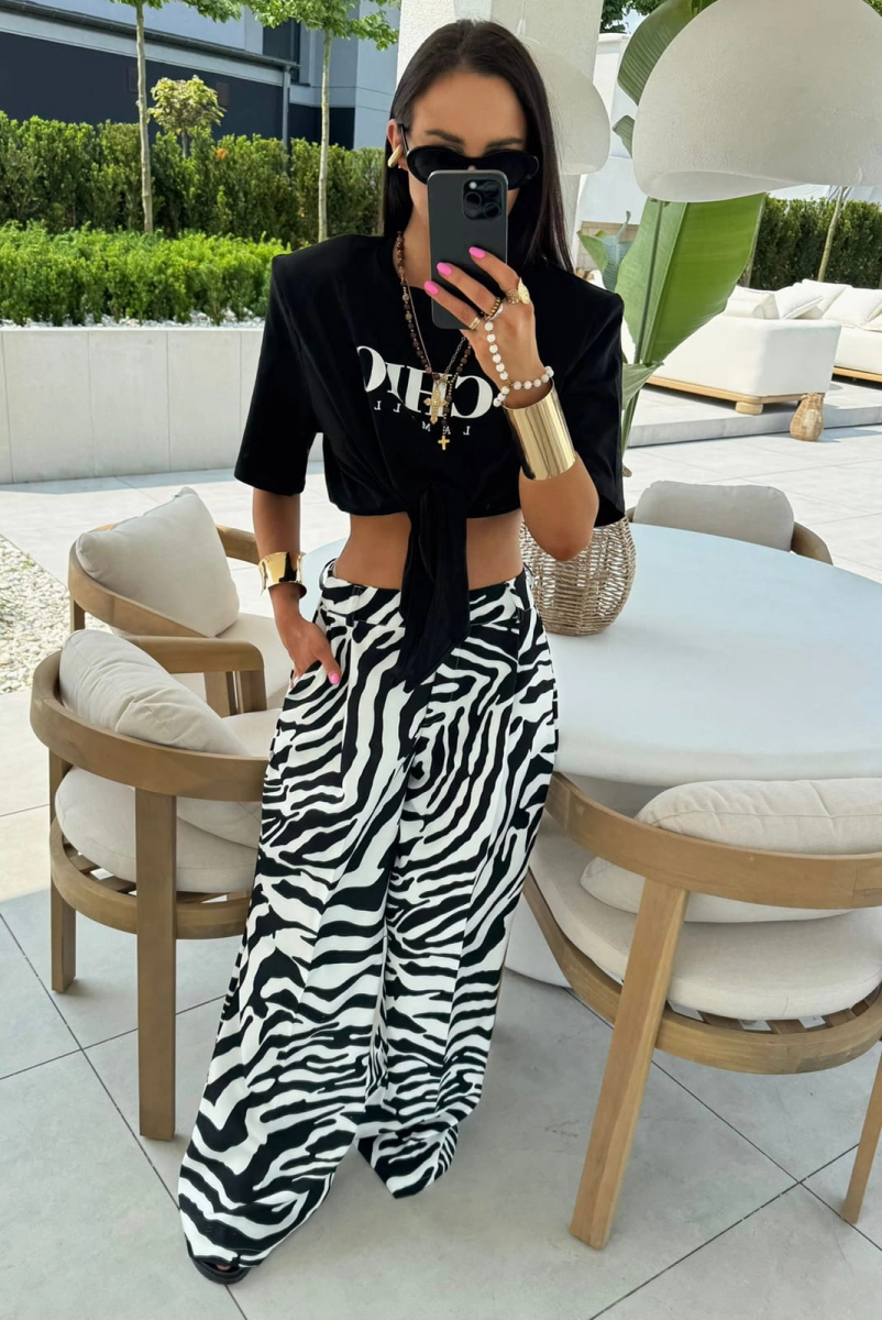 Lniane szerokie spodnie Zebra LaMilla biało czarne w Selavifashion.pl