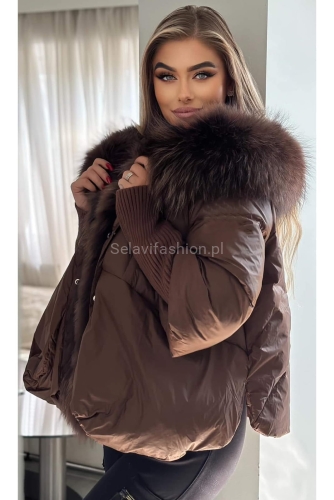 Kurtka z kapturem puchowa z naturalnym obszyciem brązowa