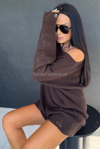 Sweter tunika z dziurami logowany LaMilla brązowy