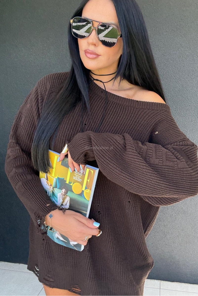 Sweter tunika z dziurami logowany LaMilla brązowy