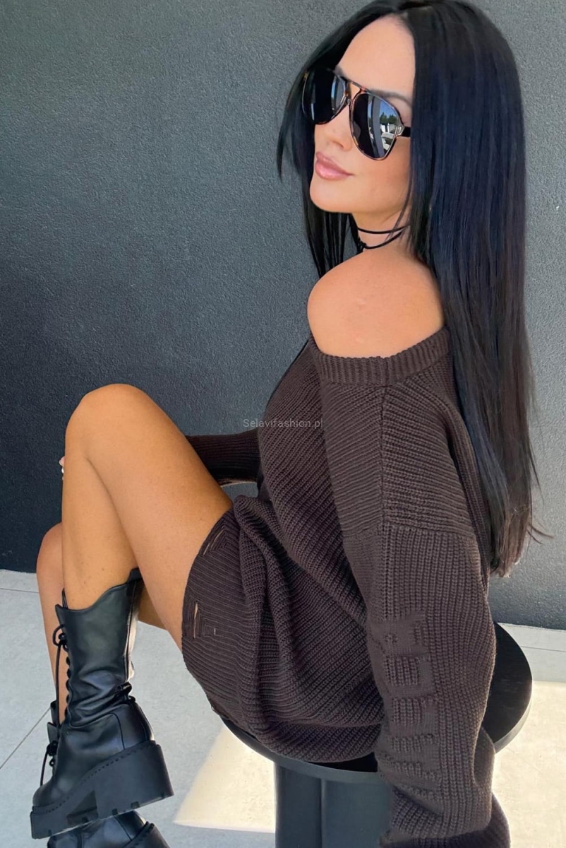 Sweter tunika z dziurami logowany LaMilla brązowy