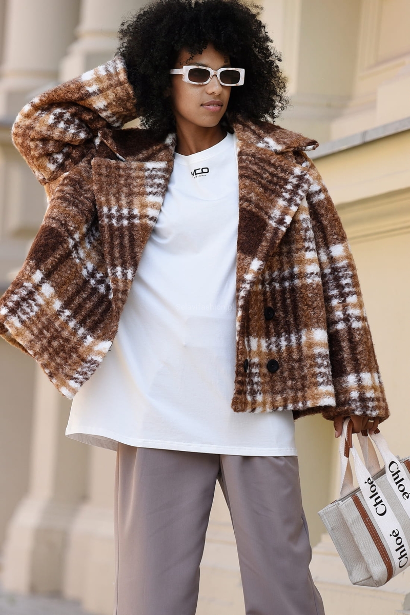 Krótki płaszcz wełniany Unwritten Miss City Official w kratke brązowy w Selavifashion.pl