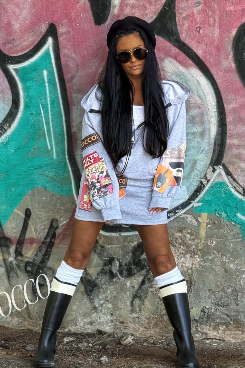 Bawełniany komplet z naszywkami bluza i spódnica Zocco szary