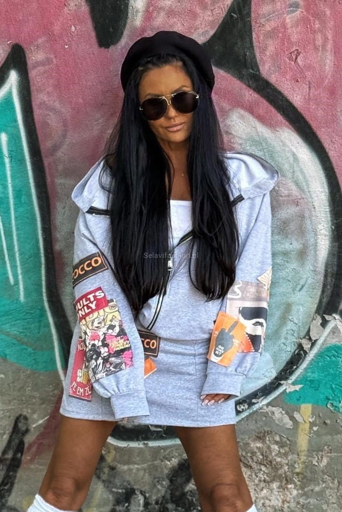 Bawełniany komplet z naszywkami bluza i spódnica Zocco szary