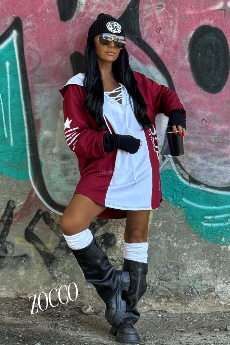 Sportowa tunika z naturalnej bawełny z kapturem Zocco bordowa