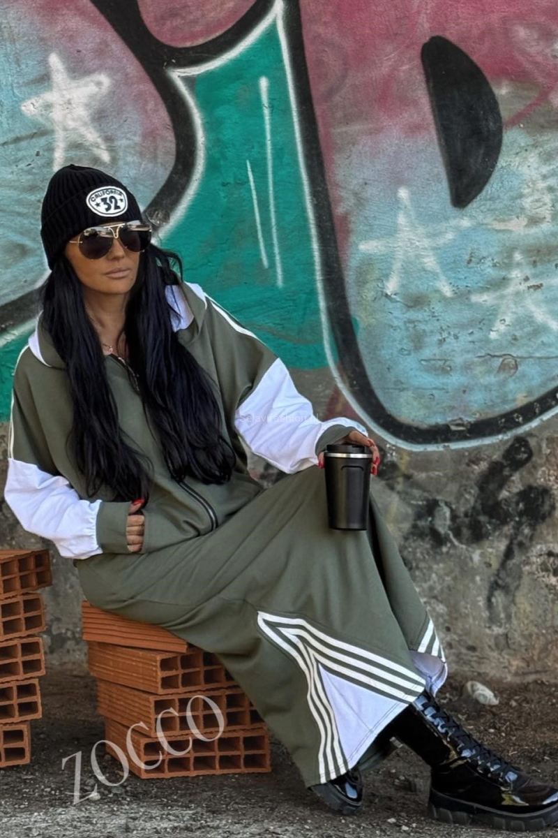 Sportowy komplet z maxi spódnicą i bluzą na zamek Zocco khaki