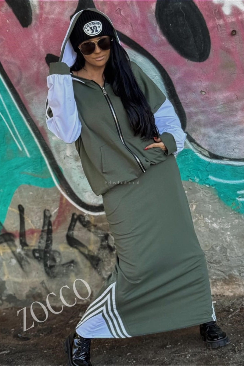Sportowy komplet z maxi spódnicą i bluzą na zamek Zocco khaki