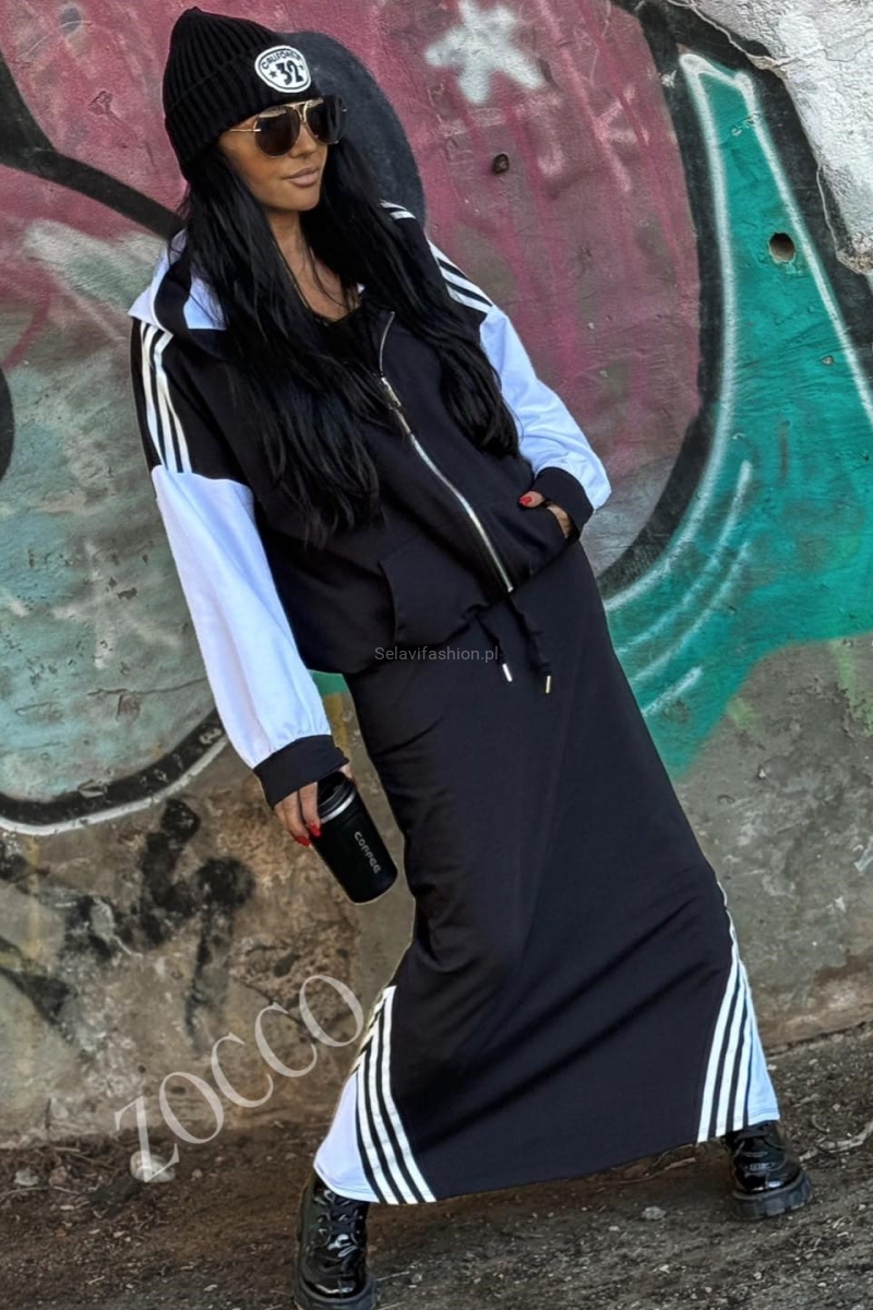 Sportowy komplet z maxi spódnicą i bluzą na zamek Zocco czarny