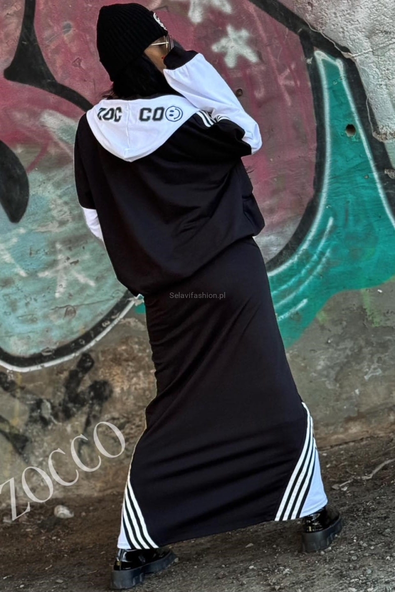 Sportowy komplet z maxi spódnicą i bluzą na zamek Zocco czarny