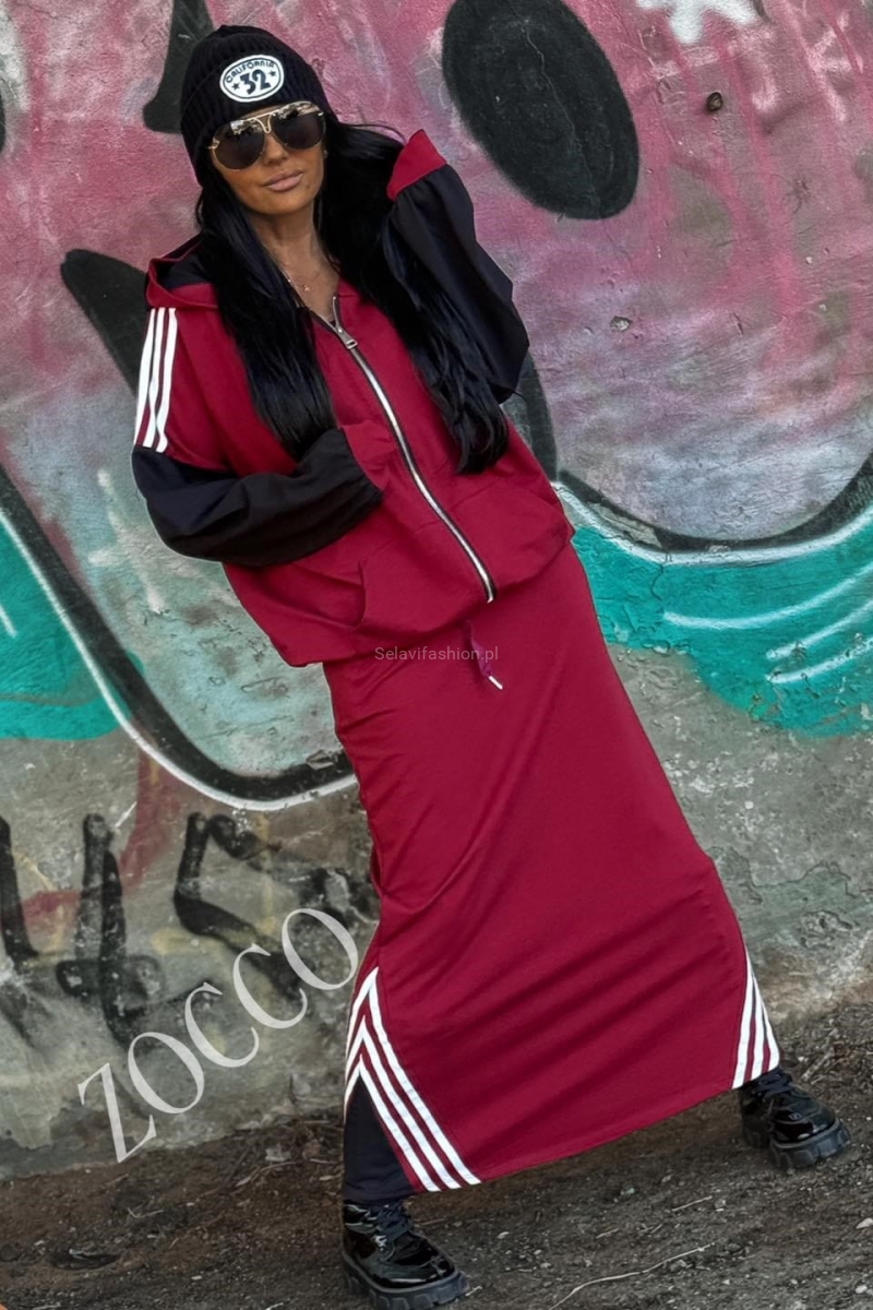 Sportowy komplet z maxi spódnicą i bluzą na zamek Zocco czerwony