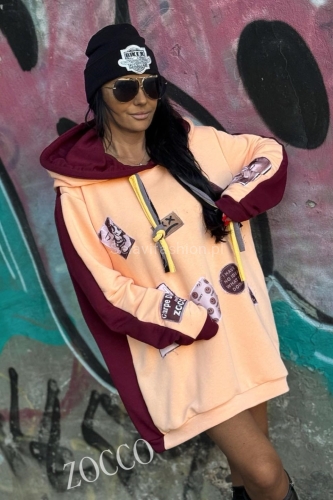 Gruba bluza z dwoma kapturami i obszernym krojem Zocco brzoskwiniowo bordowa