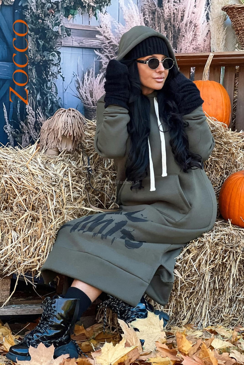 Długa bluza sukienka w napisy Zocco khaki