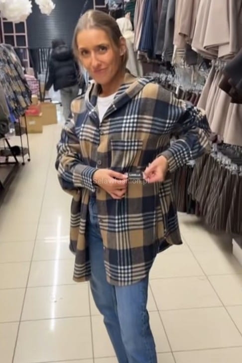 Koszula flanelowa w kratę z kapturem La Milla beżowo granatowa