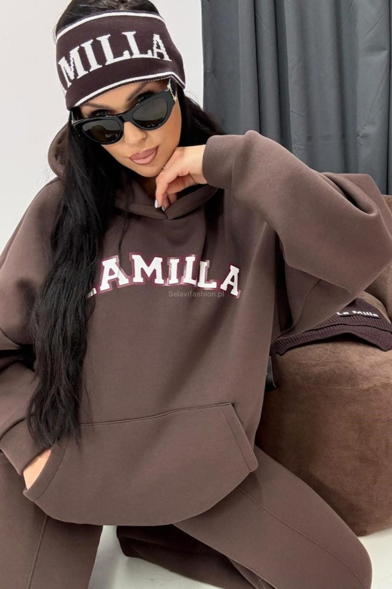 Oversizowa bluza z kapturem z logo La Milla brązowa