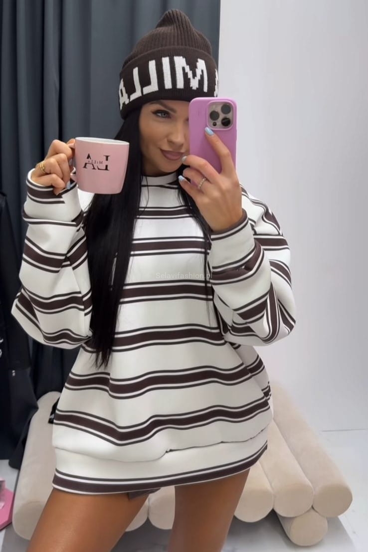 Oversizowa bluza w paski La Milla biało brązowa