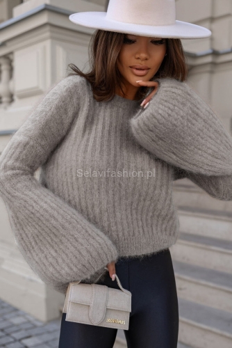 Sweter moherowy Dzwonek z szerokimi mankietami Yarn szary