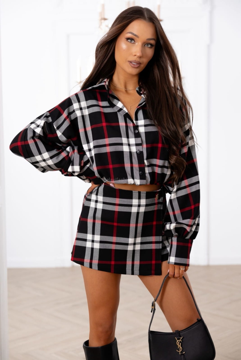Komplet koszula bomberka i spódniczko spodenki w kratę Lavestino czarny