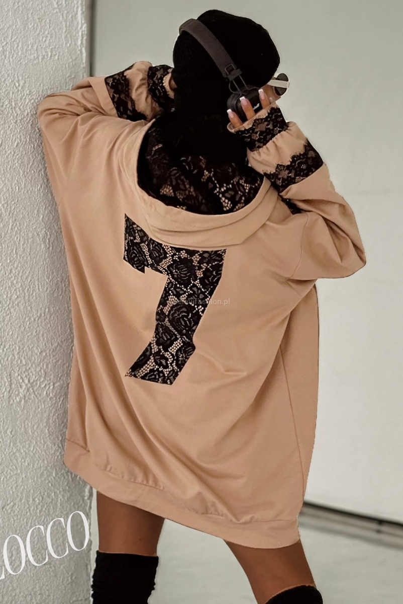 Oversizowa bluza z kapturem z elementami koronki Zocco beżowa